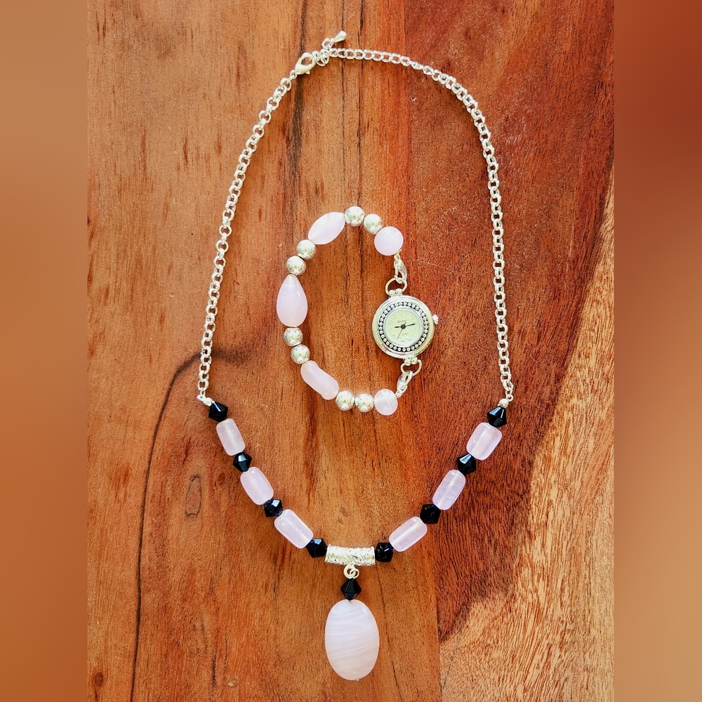 Vintage Rose Quartz and Black Beaded Necklace and Watch Bracelet Set